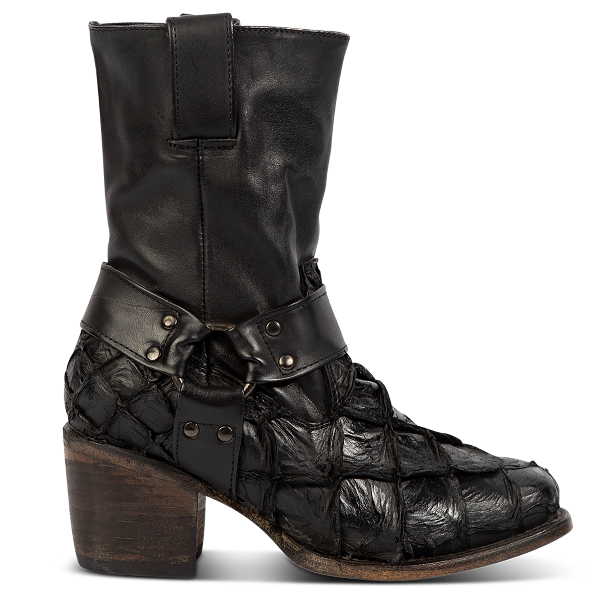FREEBIRD women's Darcy black fish leather boot with a studded ankle harness, leather pull straps, an inside zip closure and a square toe