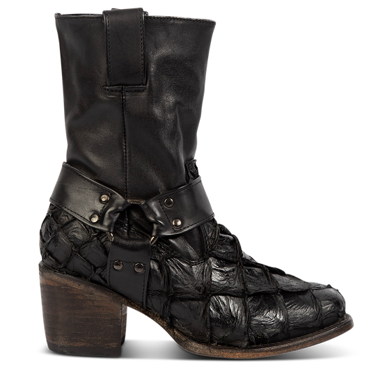 FREEBIRD women's Darcy black fish leather bootie with a studded ankle harness, leather pull straps, an inside zip closure and a square toe