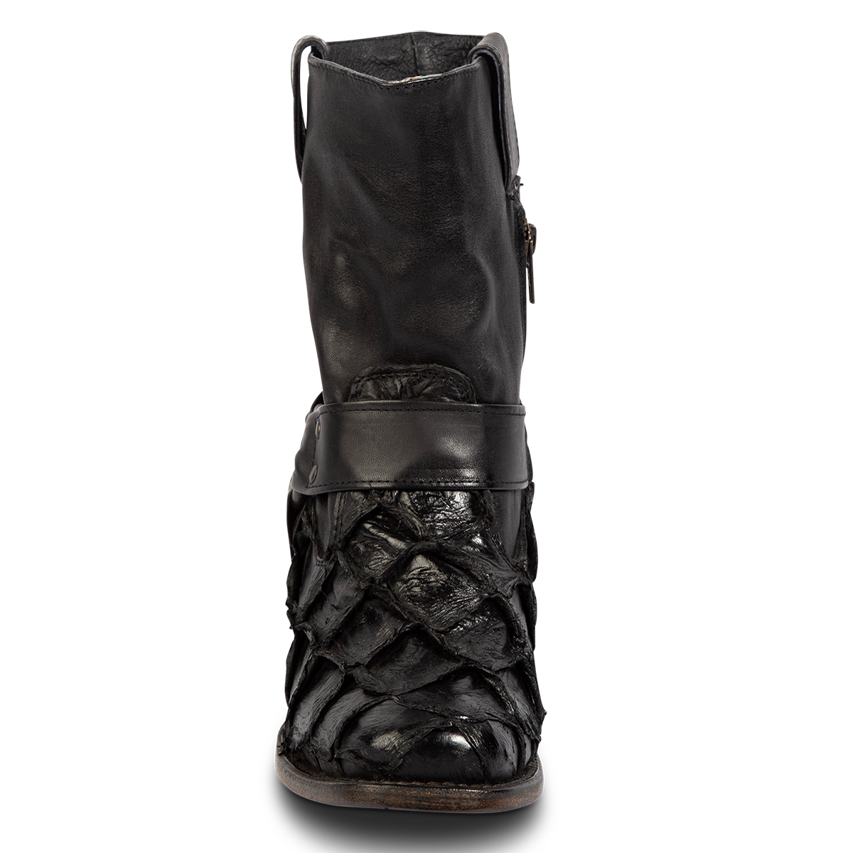 Front view showing FREEBIRD women's Darcy black fish leather bootie with a studded ankle harness, leather pull straps, and a square toe
