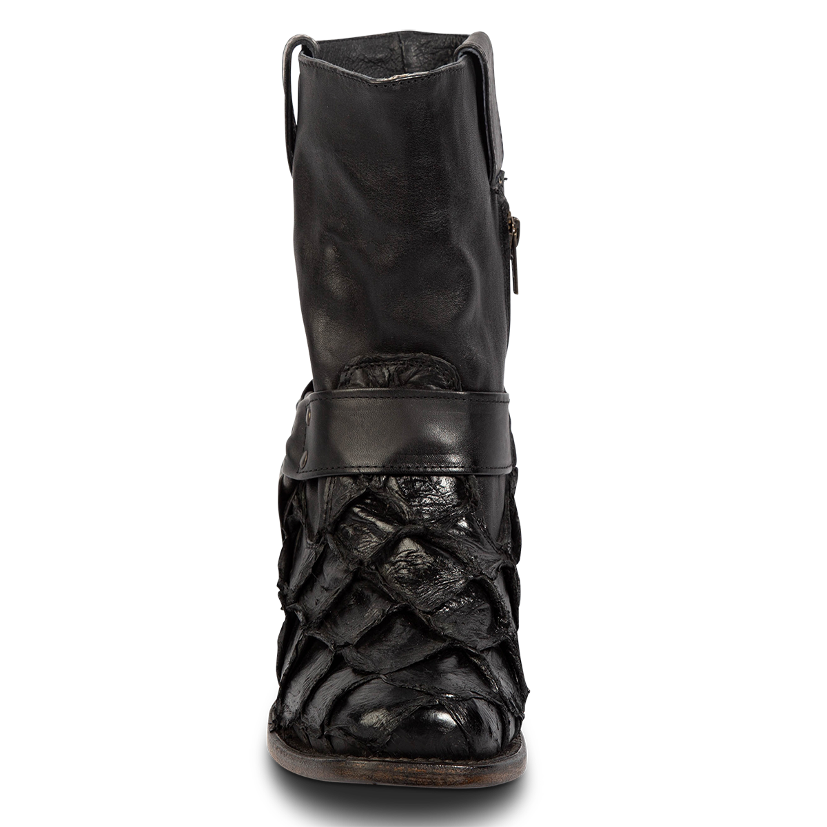 Front view showing FREEBIRD women's Darcy black fish leather boot with a studded ankle harness, leather pull straps, an inside zip closure and a square toe