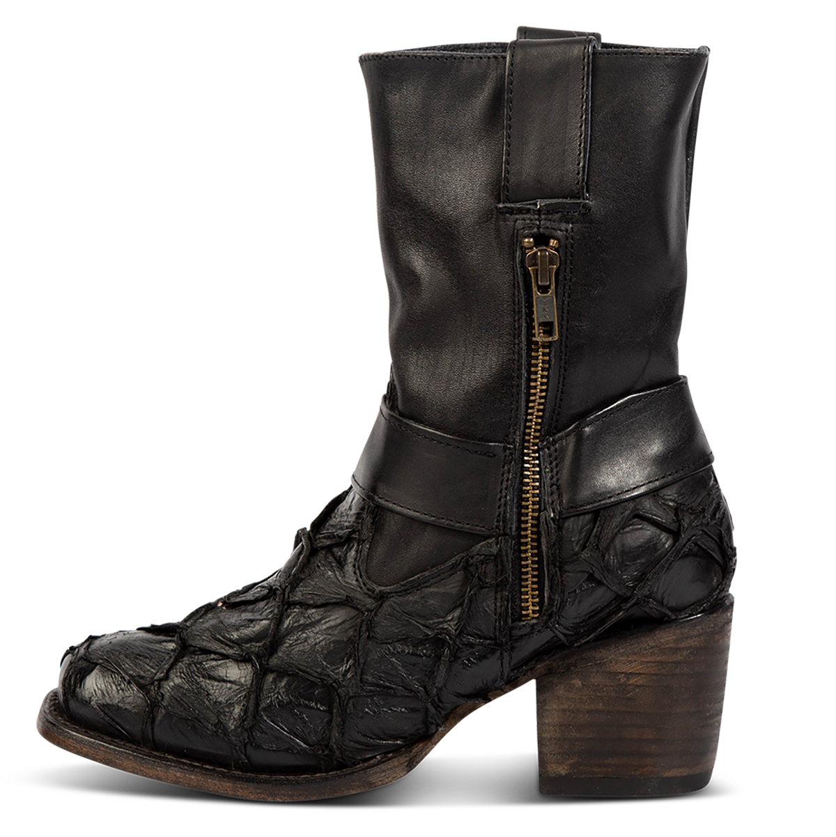 Inside view showing FREEBIRD women's Darcy black fish leather boot with a studded ankle harness, leather pull straps, an inside zip closure and a square toe