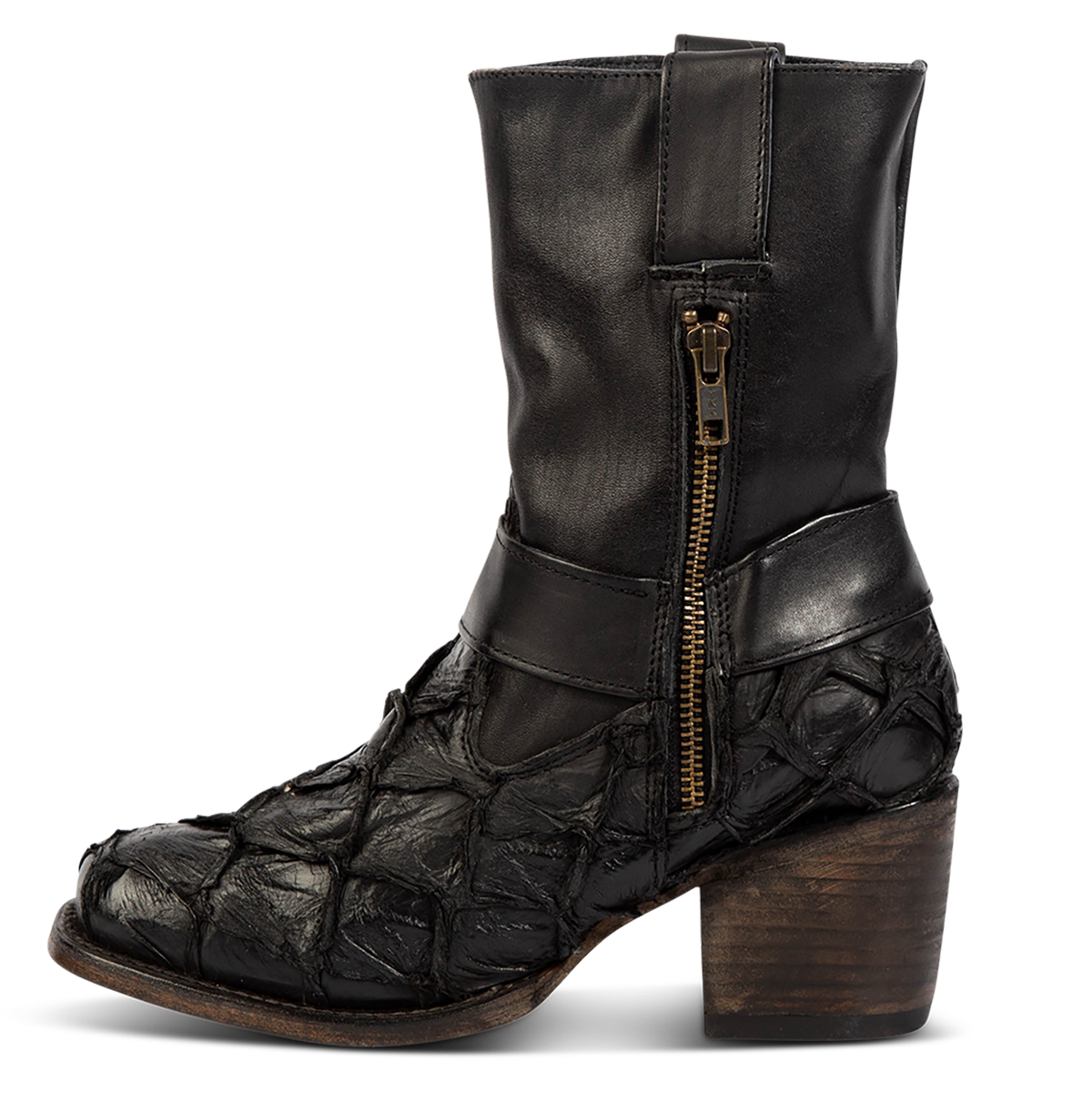Inside view showing FREEBIRD women's Darcy beige black fish leather bootie with a studded ankle harness, leather pull straps, an inside zip closure and a square toe