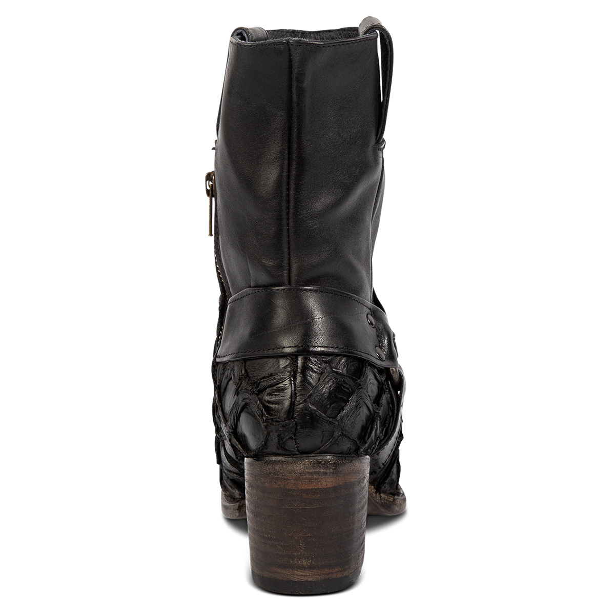 Back view showing FREEBIRD women's Darcy black multi fish leather bootie with a studded ankle harness, leather pull straps, and block heel