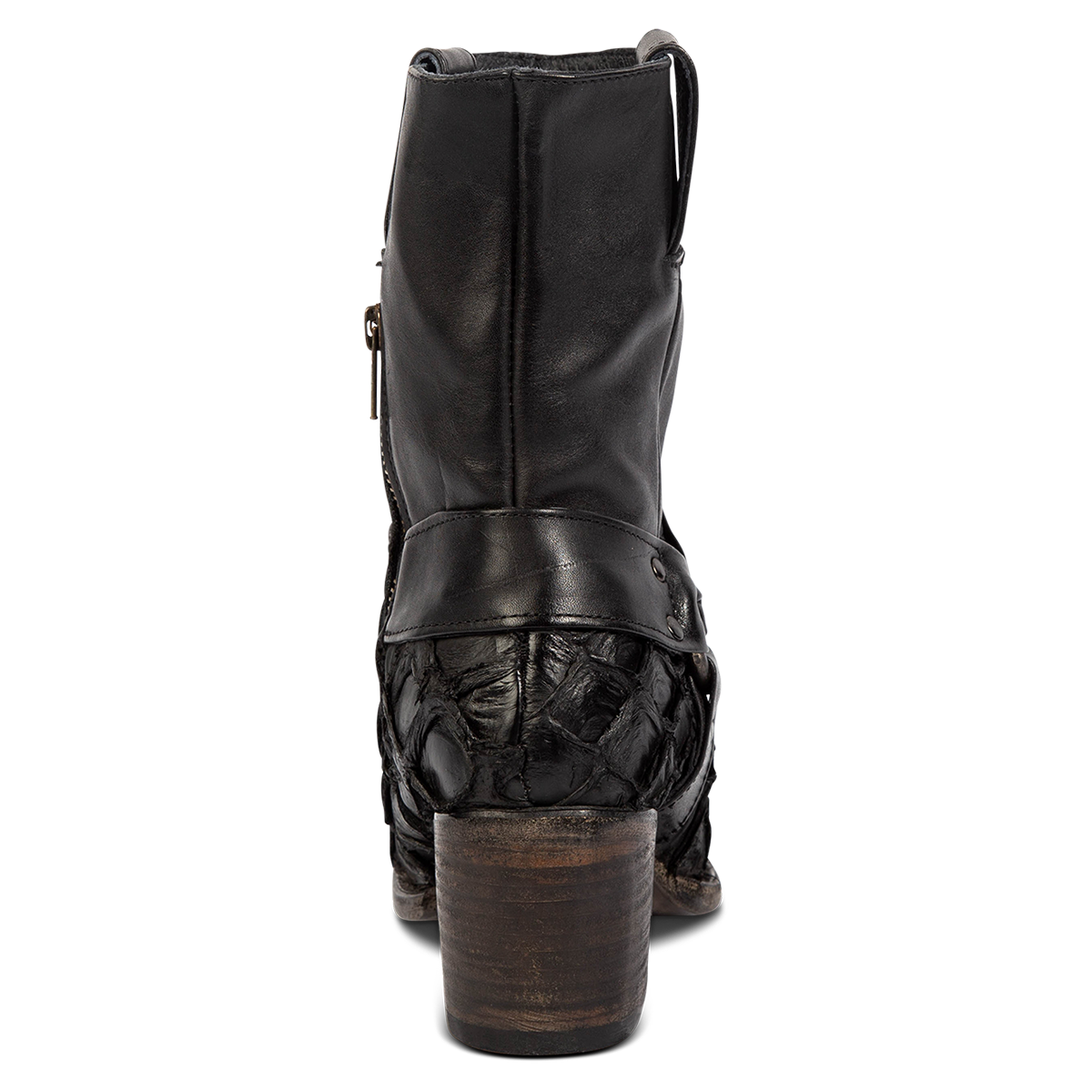 Back view showing FREEBIRD women's Darcy black fish leather boot with a studded ankle harness, leather pull straps, an inside zip closure and a square toe