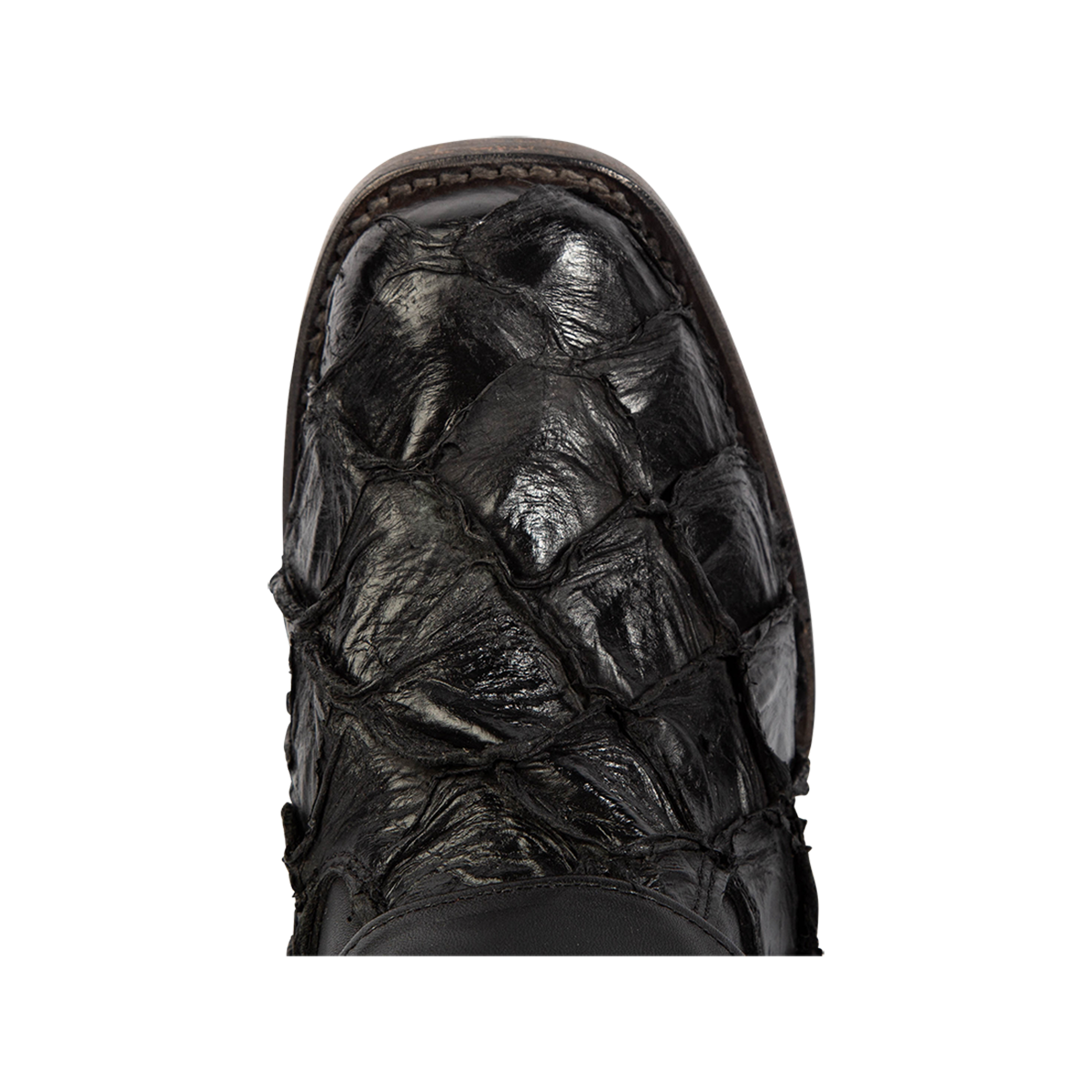 Top view showing a square toe construction on FREEBIRD women's Darcy black multi fish bootie