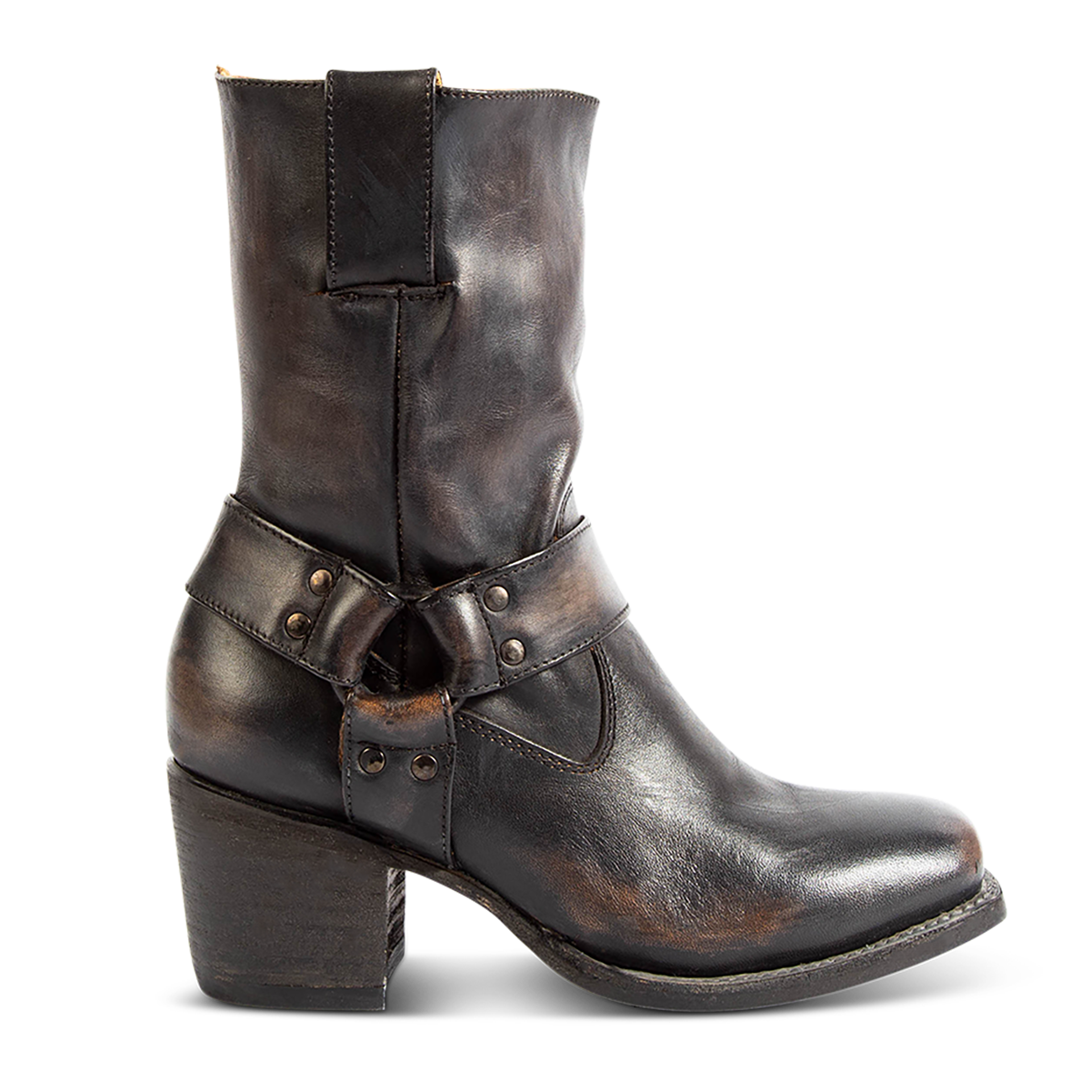 FREEBIRD women's Darcy black leather boot with a studded ankle harness, leather pull straps and a square toe