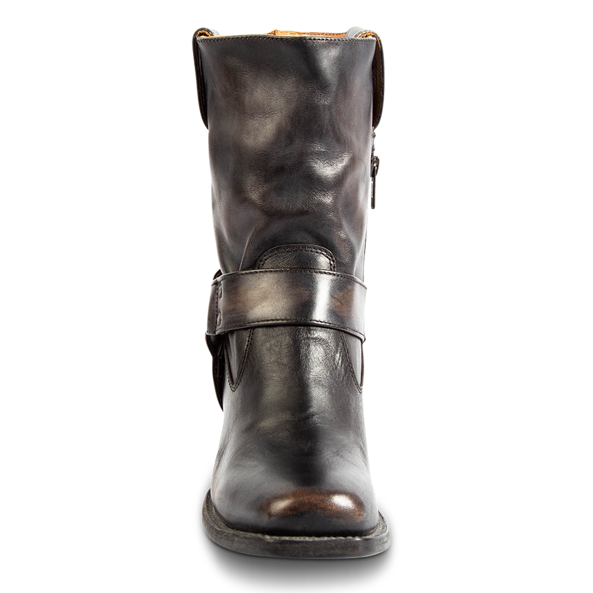 Front view showing FREEBIRD women's Darcy black leather boot with a studded ankle harness, leather pull straps and a square toe