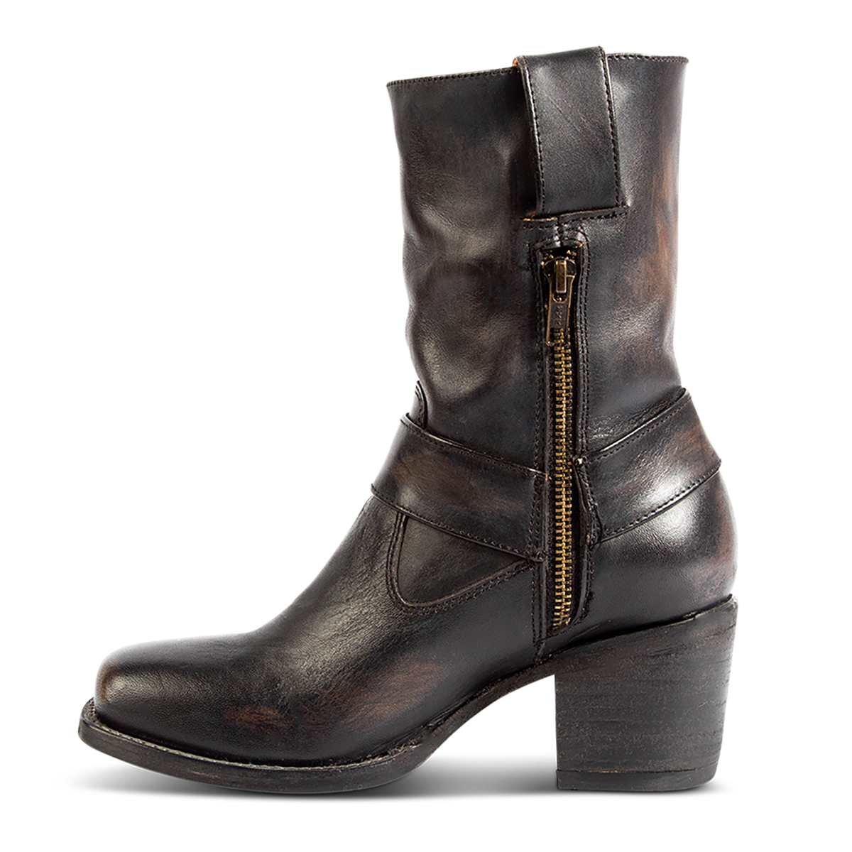 Inside view showing FREEBIRD women's Darcy black boot with leather pull straps, inside zip closure, and square toe