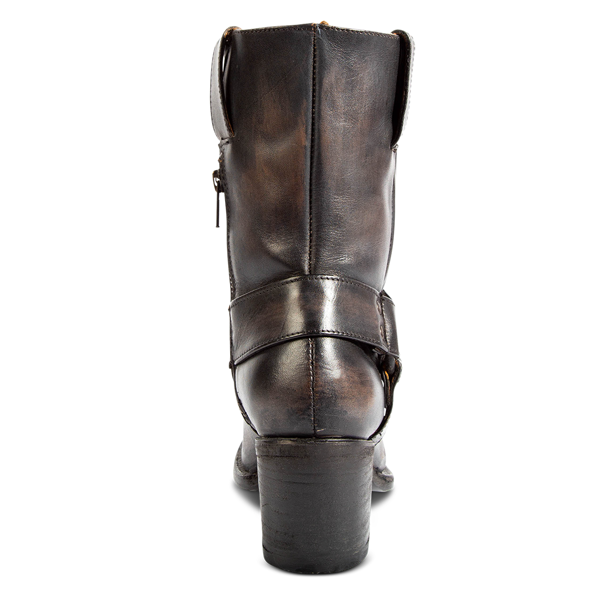 Back view showing FREEBIRD women's Darcy black boot with leather pull straps, inside zip closure, and square toe
