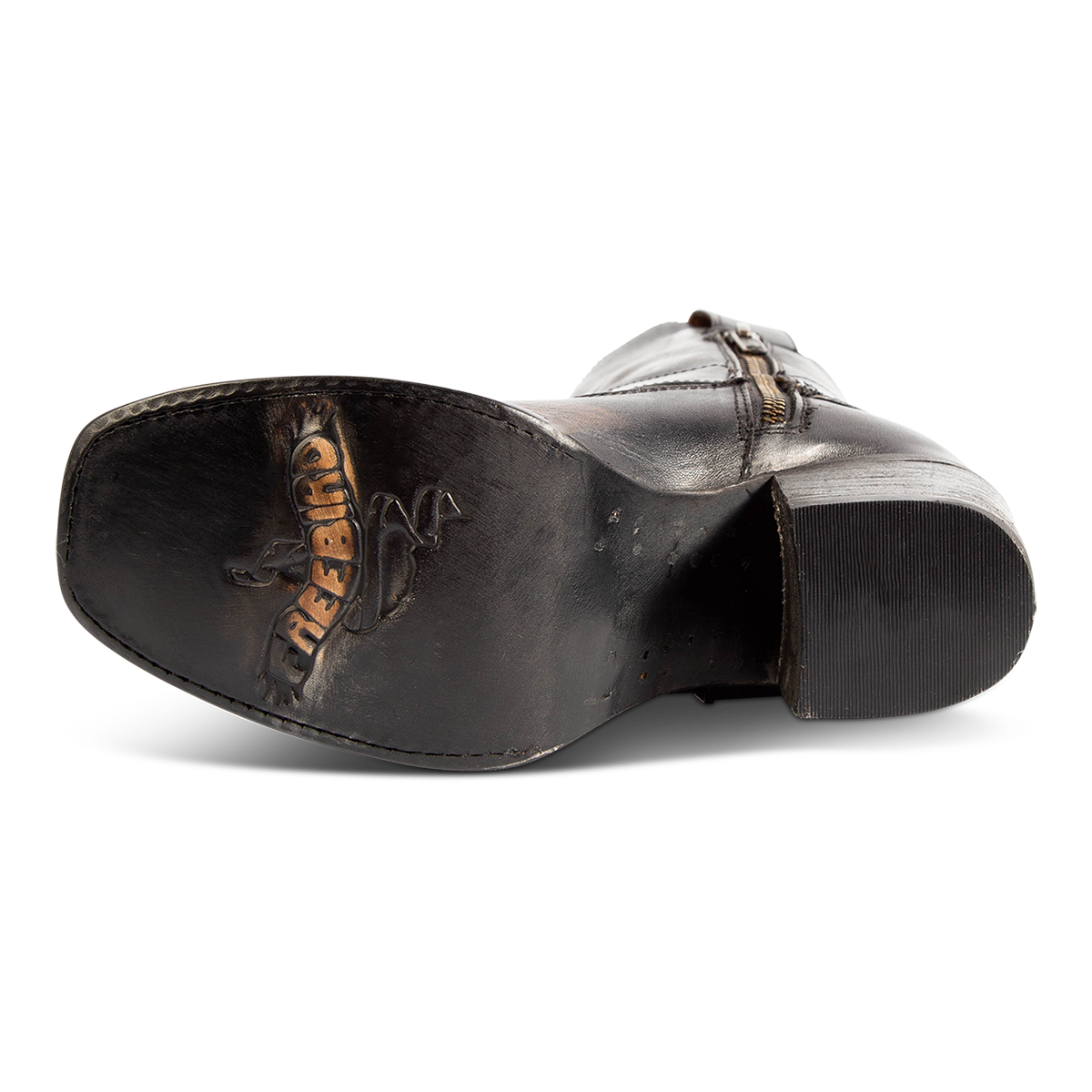 Leather sole imprinted with FREEBIRD on women's Darcy black leather boot