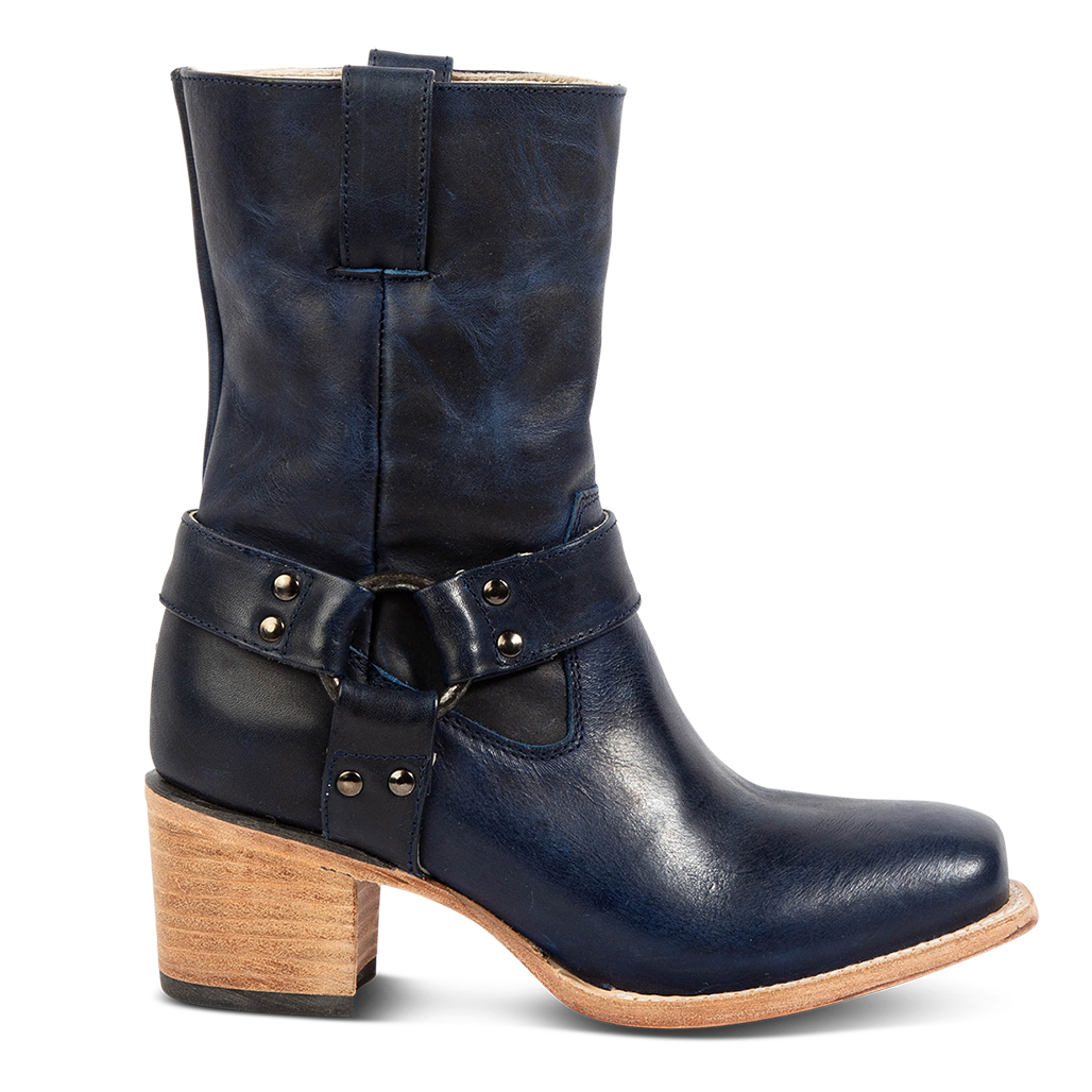 FREEBIRD women's Darcy blue leather boot with a studded ankle harness, leather pull straps, an inside zip closure and a square toe