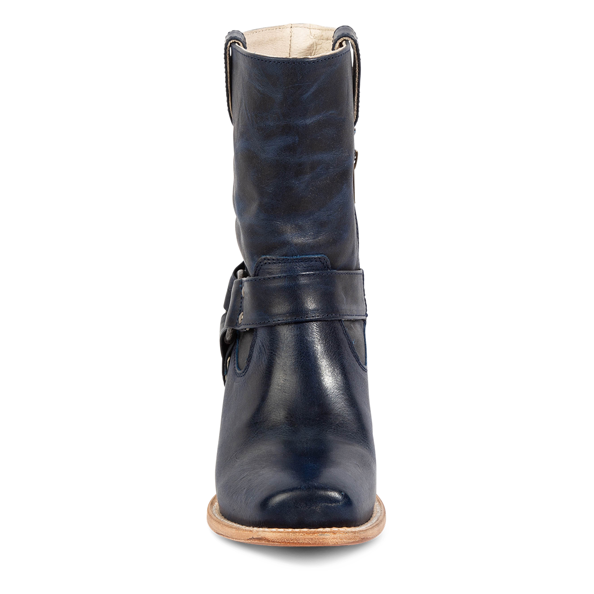 Front view showing FREEBIRD women's Darcy blue leather boot with a studded ankle harness, leather pull straps and a square toe