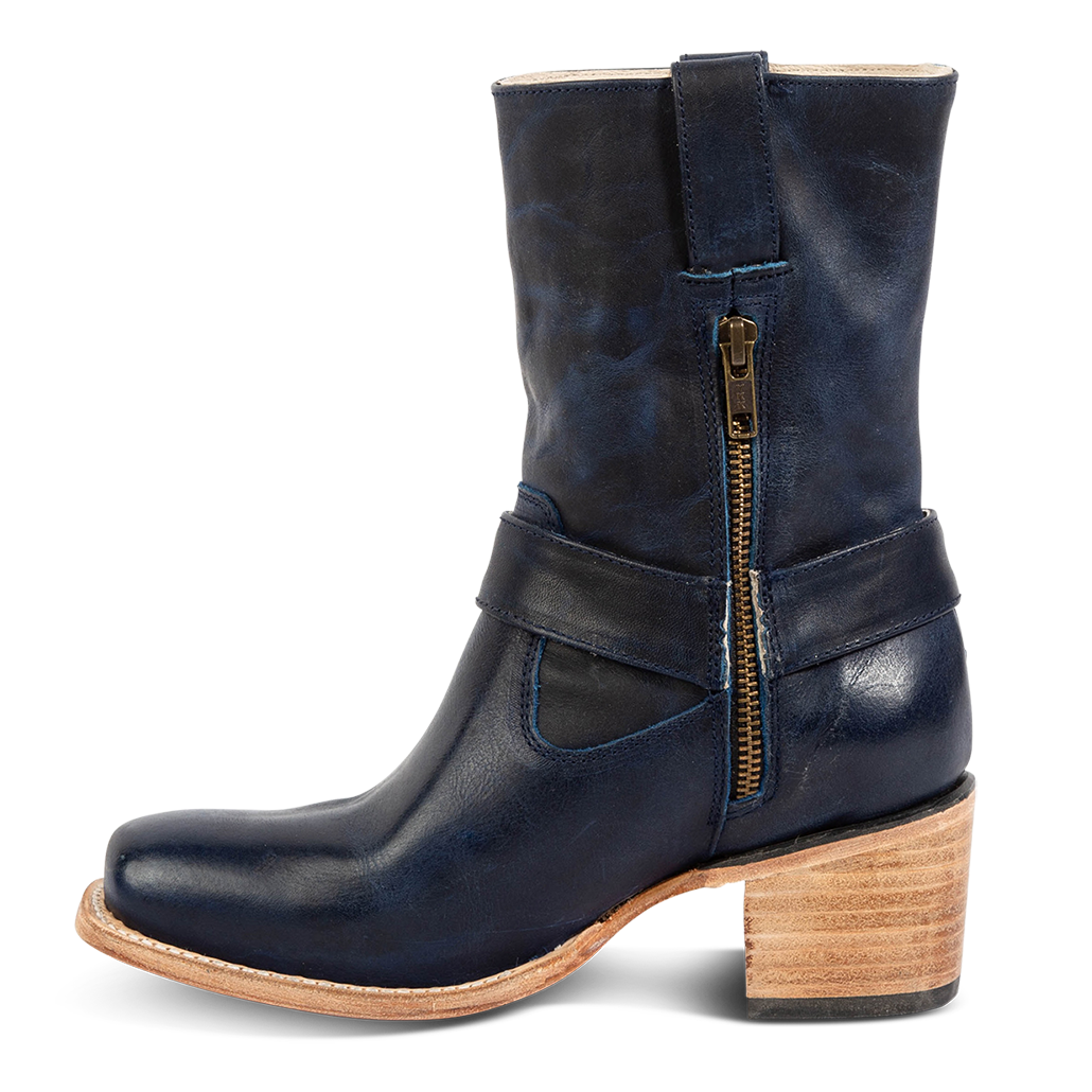 Inside view showing FREEBIRD women's Darcy blue boot with leather pull straps, inside zip closure, and square toe