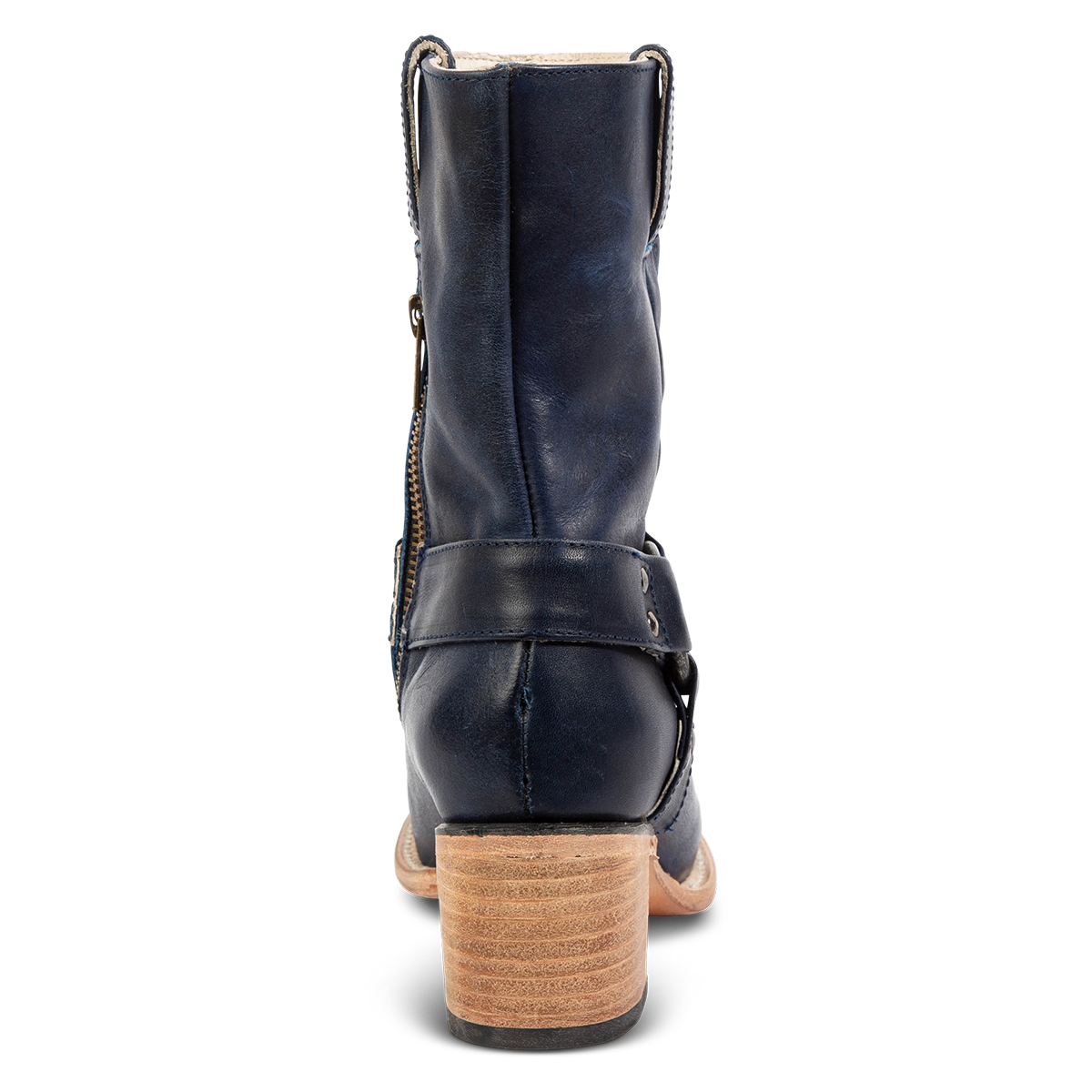 Back view showing FREEBIRD women's Darcy blue boot with leather pull straps, inside zip closure, and square toe