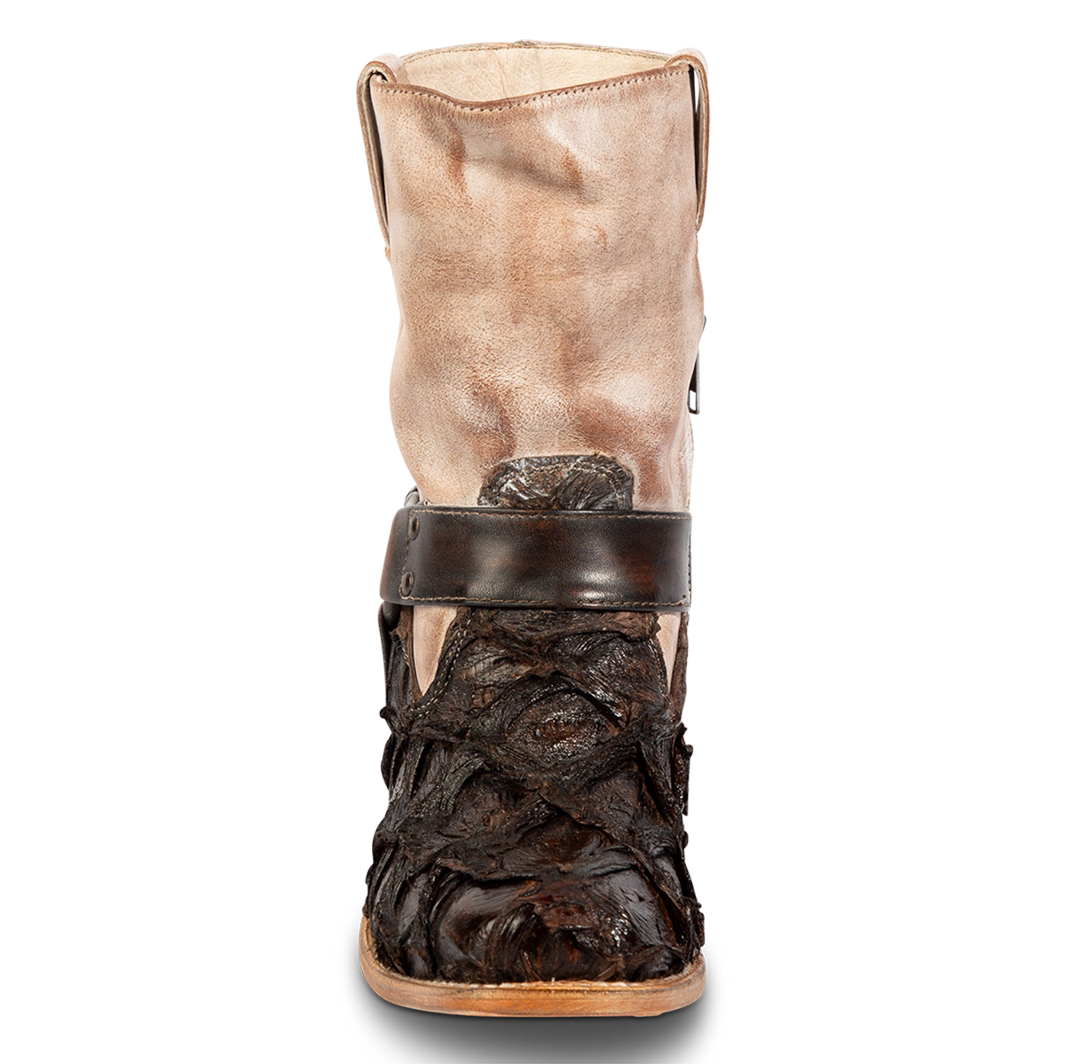 Front view showing FREEBIRD women's Darcy taupe multi fish leather boot with a studded ankle harness, leather pull straps, an inside zip closure and a square toe