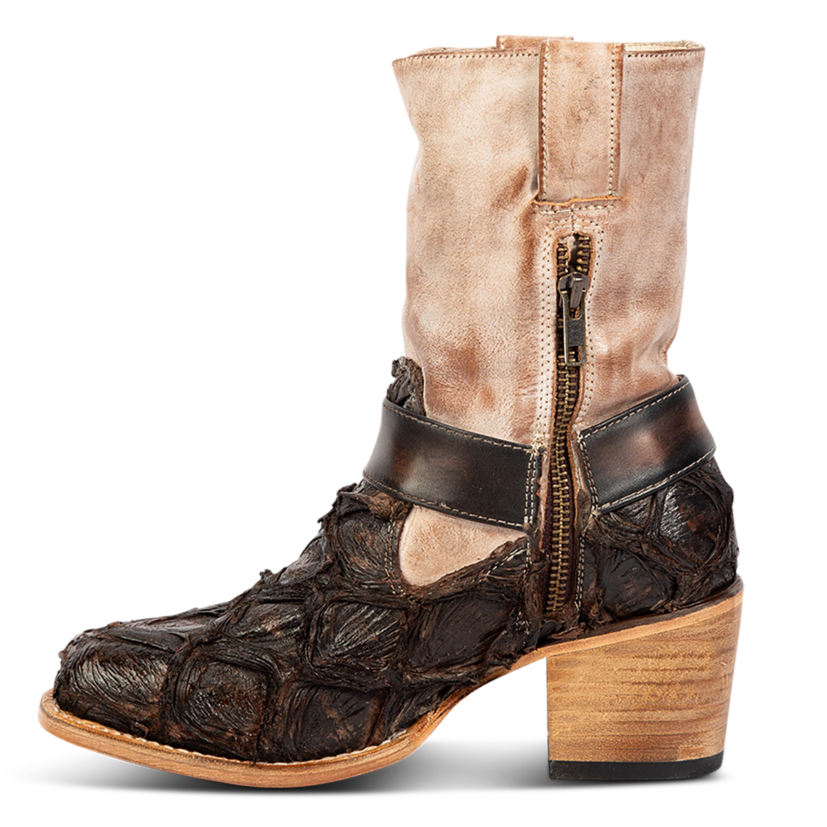 Inside view showing FREEBIRD women's Darcy taupe multi fish leather boot with a studded ankle harness, leather pull straps, an inside zip closure and a square toe