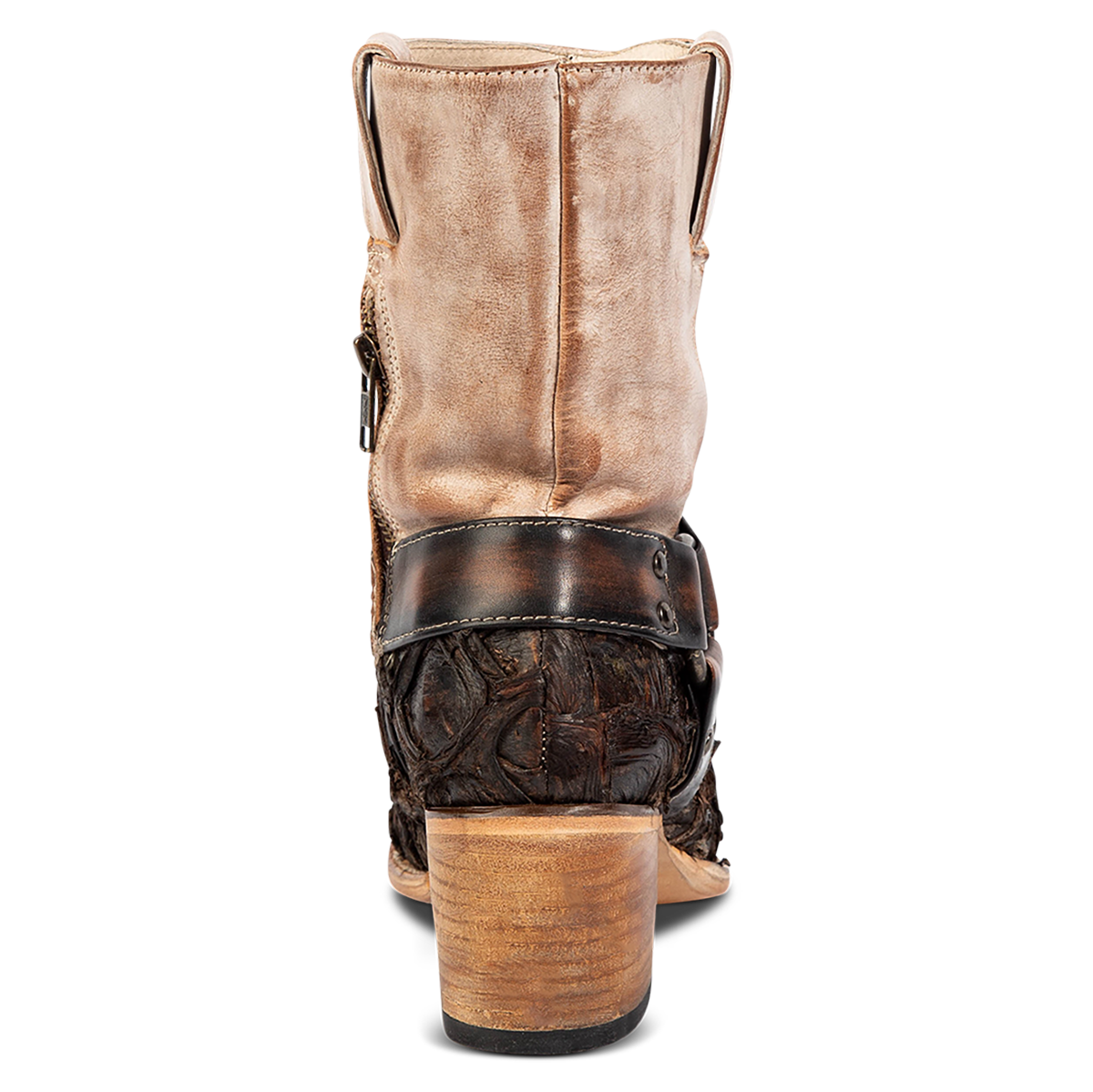 Back view showing FREEBIRD women's Darcy taupe multi fish leather boot with a studded ankle harness, leather pull straps, an inside zip closure and a square toe