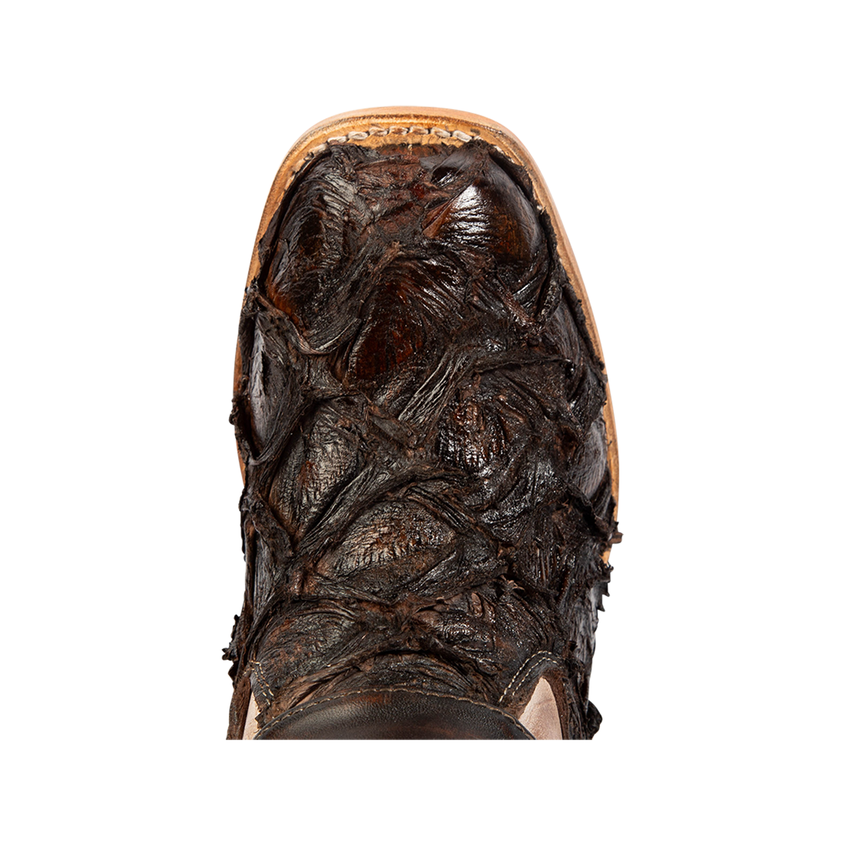 Top view showing exotic leather with square toe construction on FREEBIRD women's Darcy taupe multi fish leather boot 
