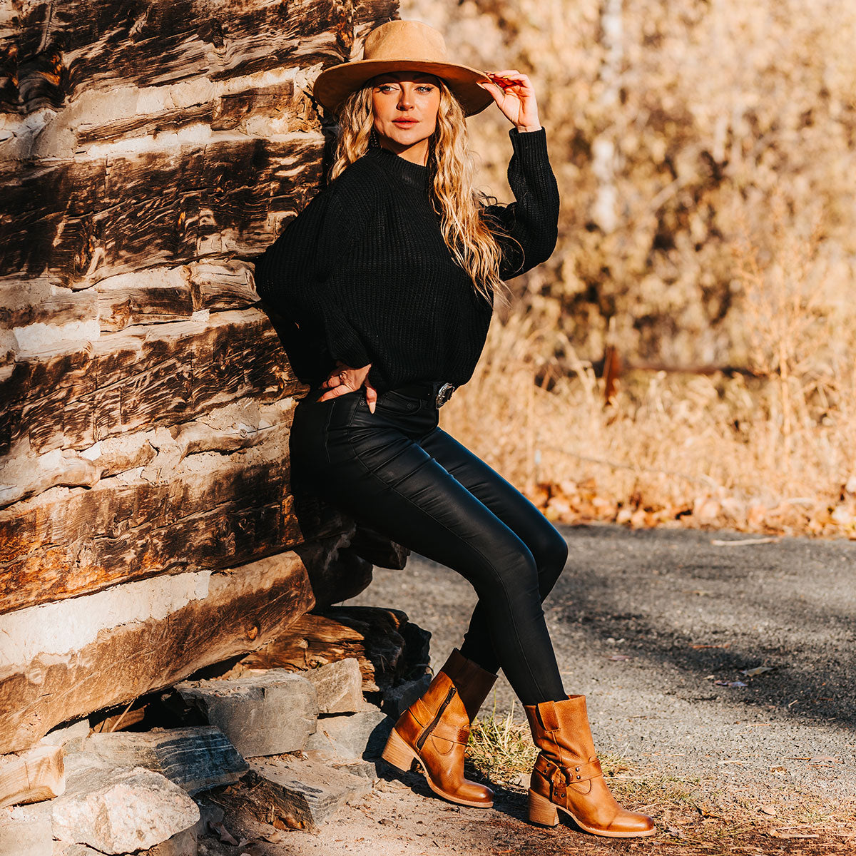 FREEBIRD women's Darcy wheat leather boot with a studded ankle harness, leather pull straps, an inside zip closure and a square toe lifestyle image