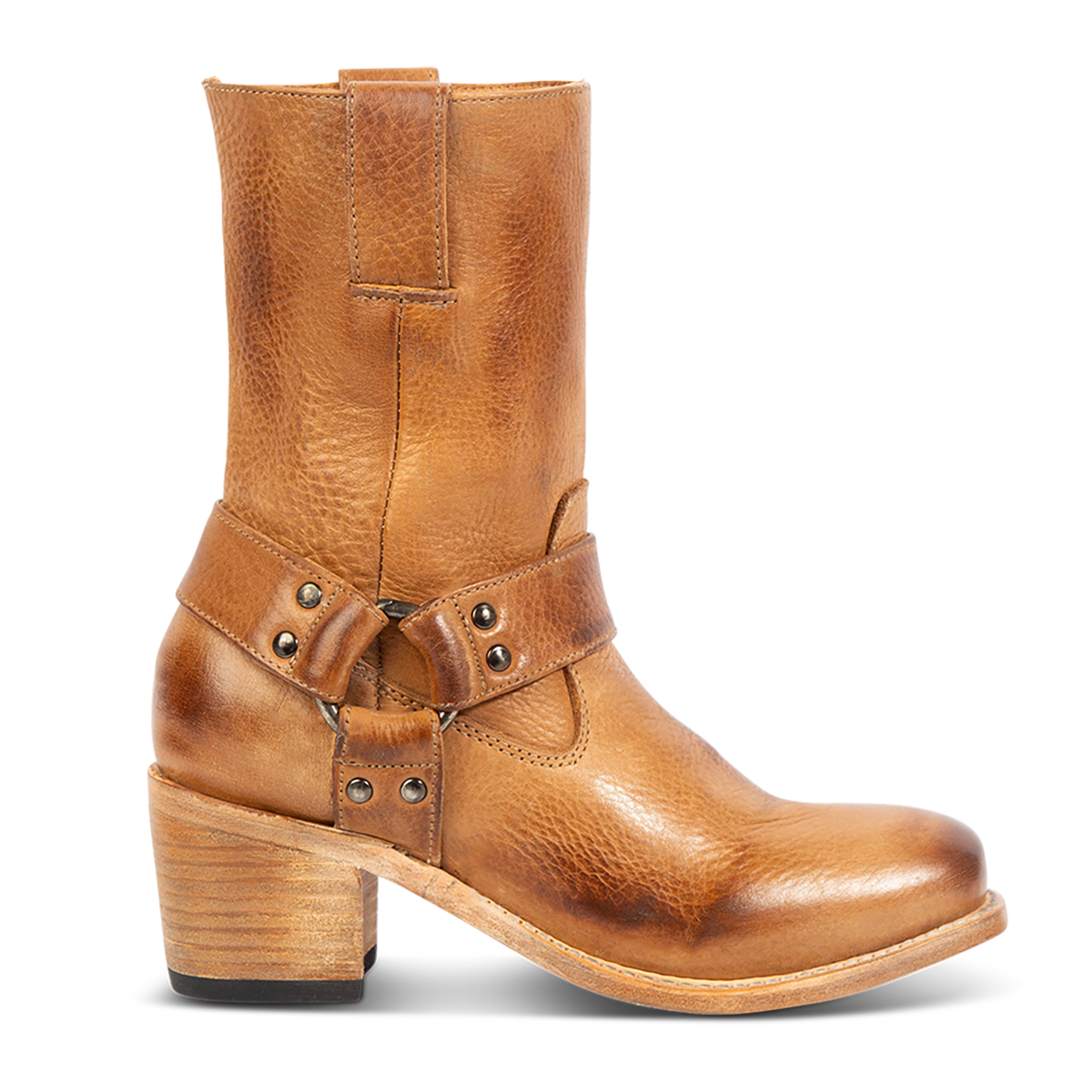 FREEBIRD women's Darcy wheat leather boot with a studded ankle harness, leather pull straps and a square toe