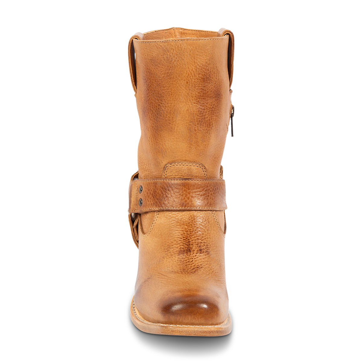 Front view showing FREEBIRD women's Darcy wheat leather boot with a studded ankle harness, leather pull straps and a square toe