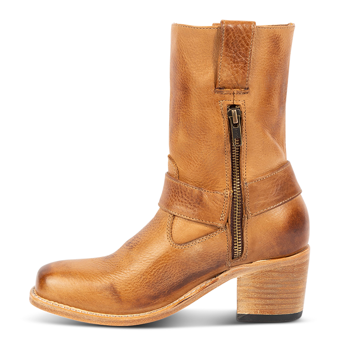 Inside view showing FREEBIRD women's Darcy wheat boot with leather pull straps, inside zip closure, and square toe