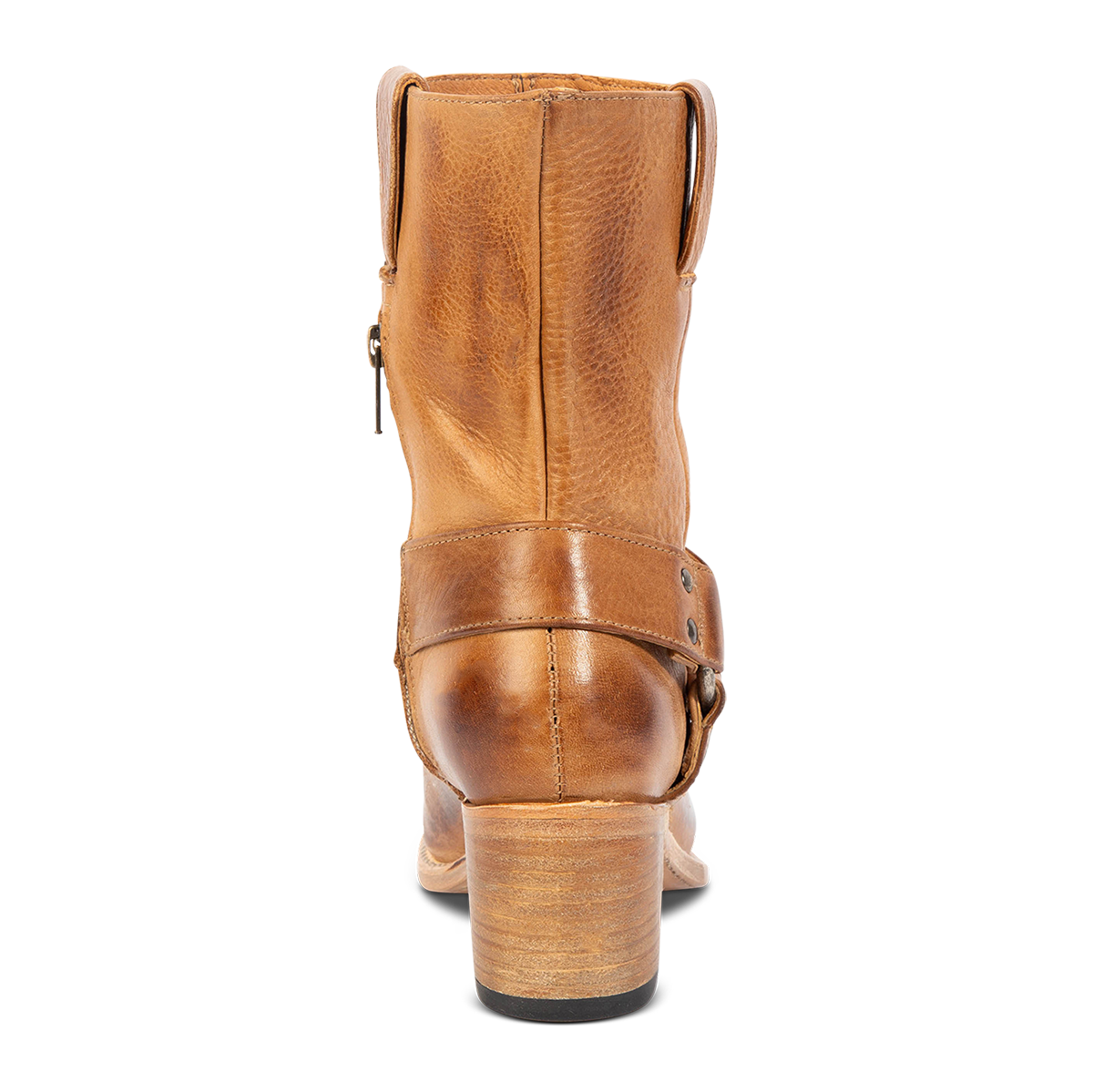 Back view showing FREEBIRD women's Darcy wheat boot with leather pull straps, inside zip closure, and square toe