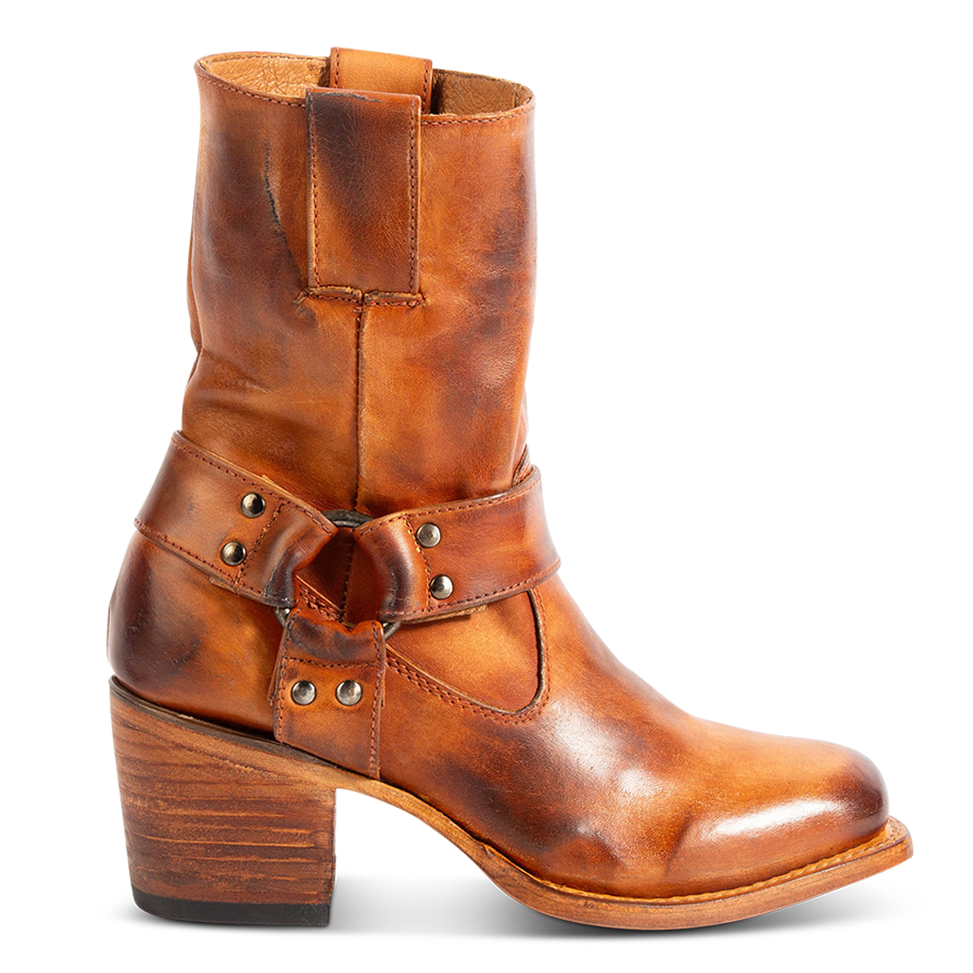 FREEBIRD women's Darcy whiskey leather boot with a studded ankle harness, leather pull straps and a square toe