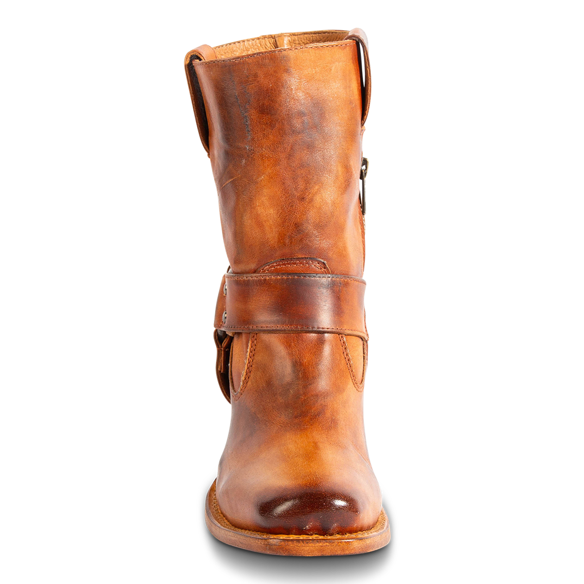 Front view showing FREEBIRD women's Darcy whiskey leather boot with a studded ankle harness, leather pull straps and a square toe