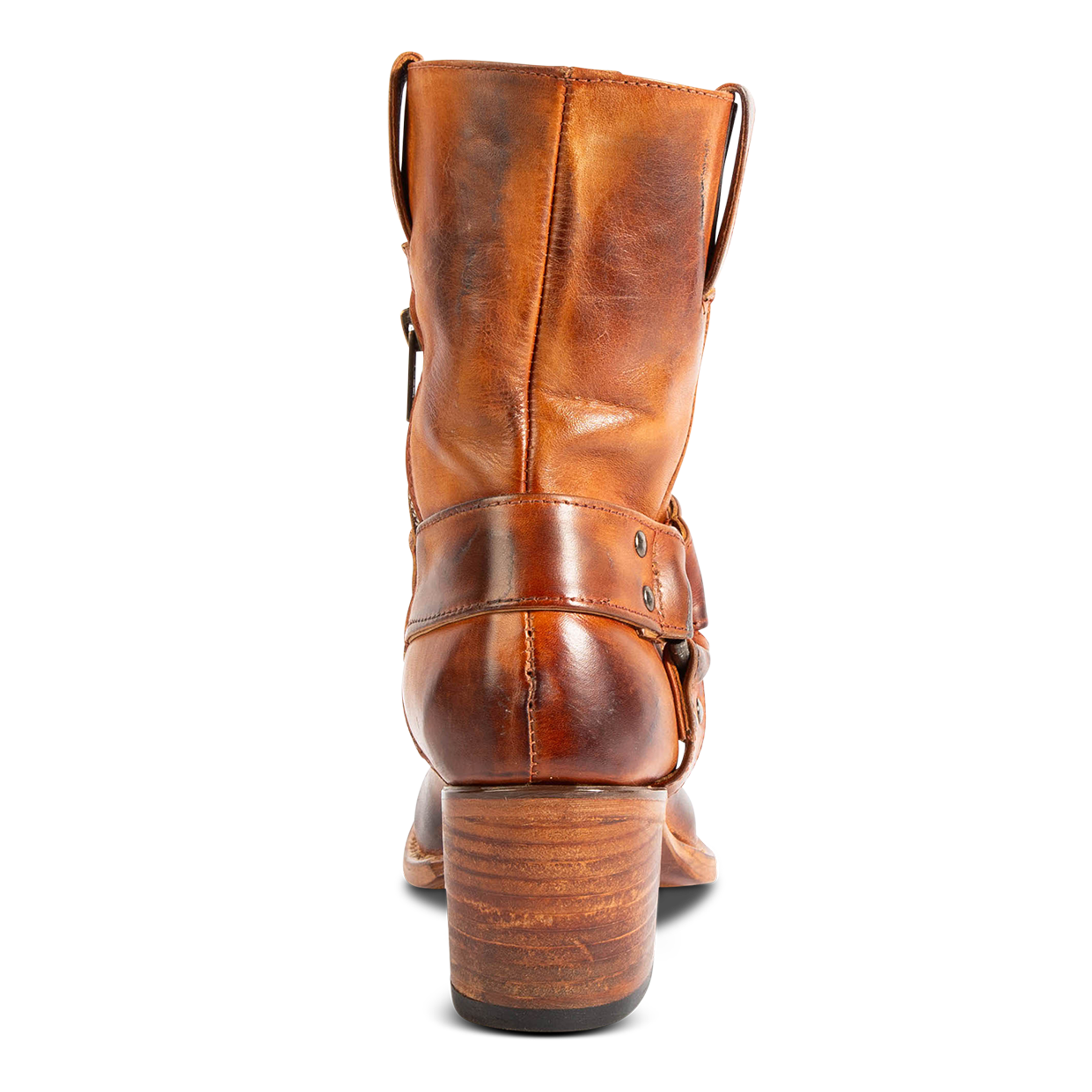 Back view showing FREEBIRD women's Darcy whiskey boot with leather pull straps, inside zip closure, and square toe