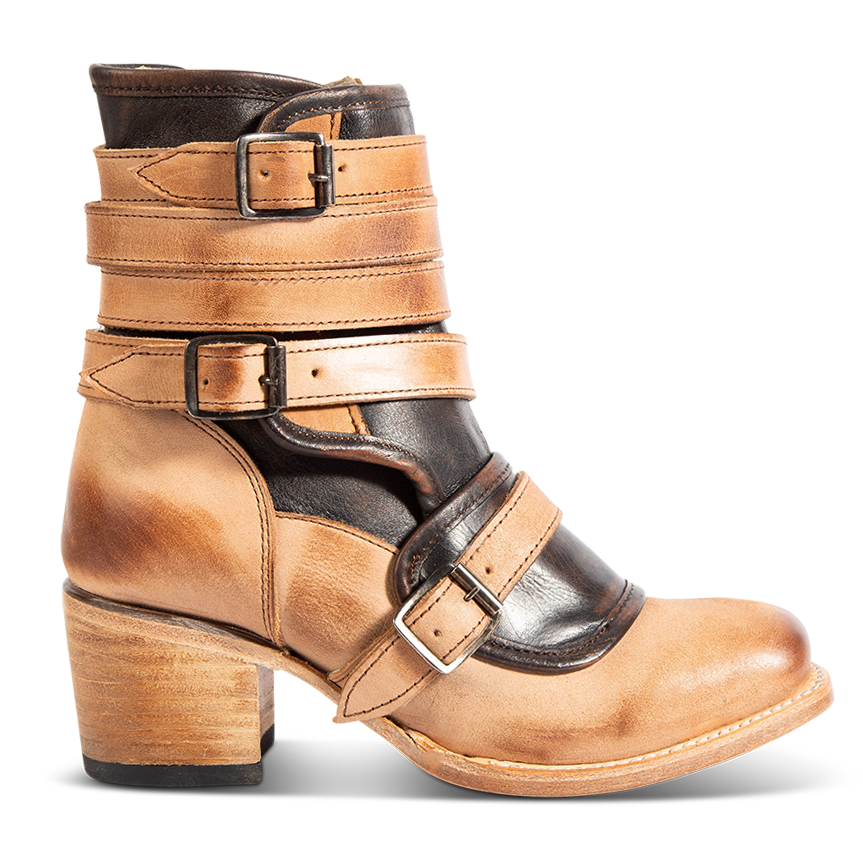 FREEBIRD women's Darlin beige leather bootie with leather straps, inside zip closure and square toe