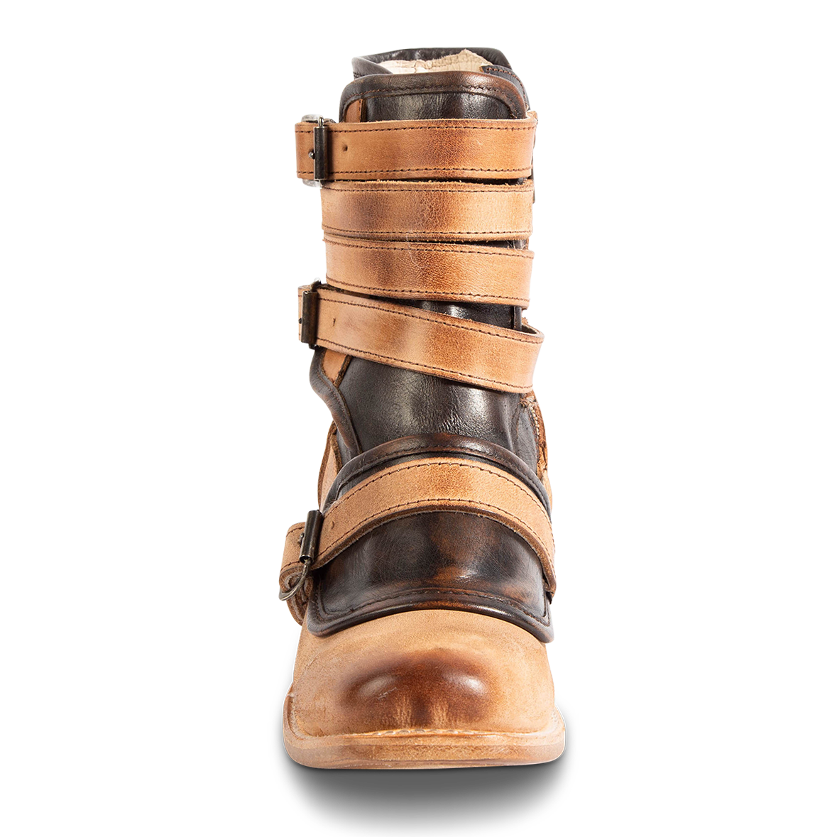Front view showing FREEBIRD women's Darlin beige leather bootie with leather straps and square toe