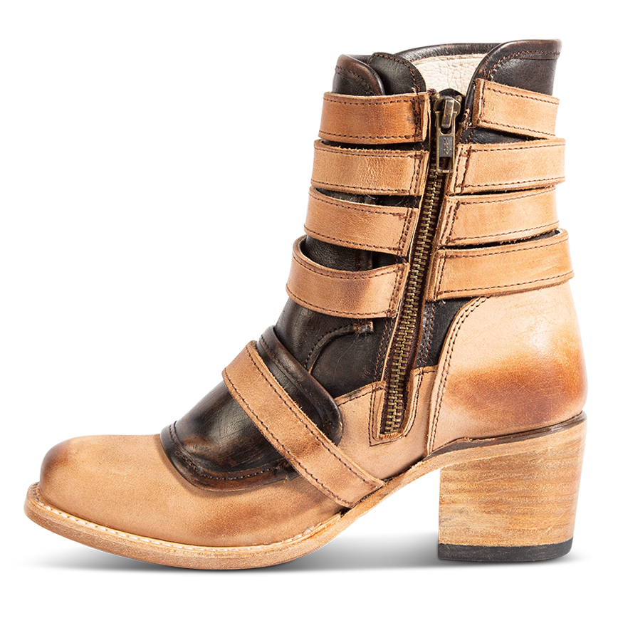 Inside view showing FREEBIRD women's Darlin beige leather bootie with leather straps, inside zip closure and square toe