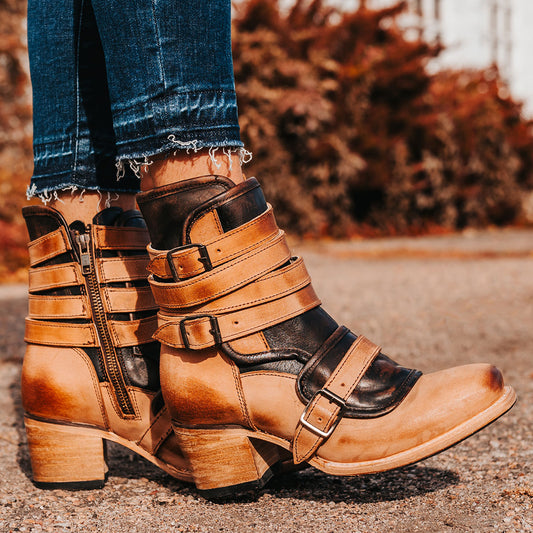 FREEBIRD women's Darlin beige leather bootie with leather straps, inside zip closure and square toe