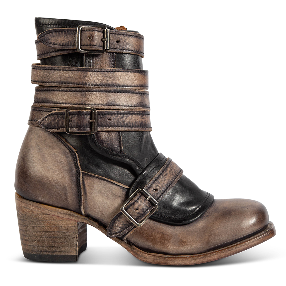 FREEBIRD women's Darlin black leather bootie with leather straps, inside zip closure and square toe