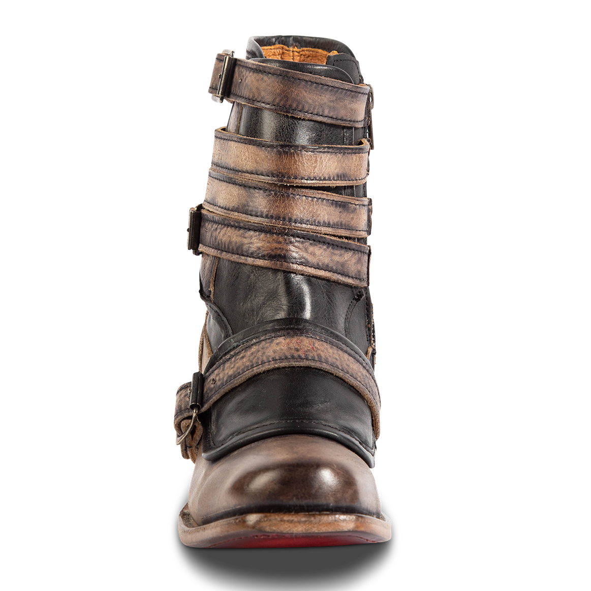Front view showing FREEBIRD women's Darlin black leather bootie with leather straps and square toe