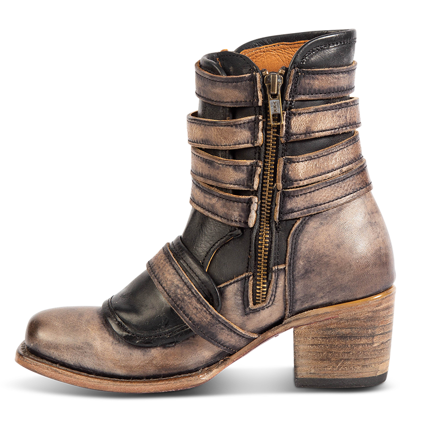 Inside view showing FREEBIRD women's Darlin black leather bootie with leather straps, inside zip closure and square toe