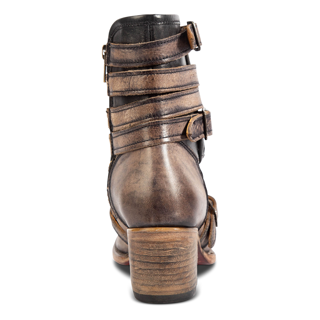 Back view showing block heel and leather straps on Freebird women's Darlin black leather bootie