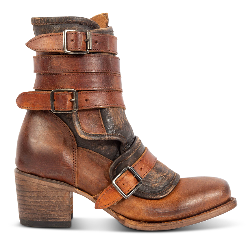 FREEBIRD women's Darlin cognac leather bootie with leather straps, inside zip closure and square toe