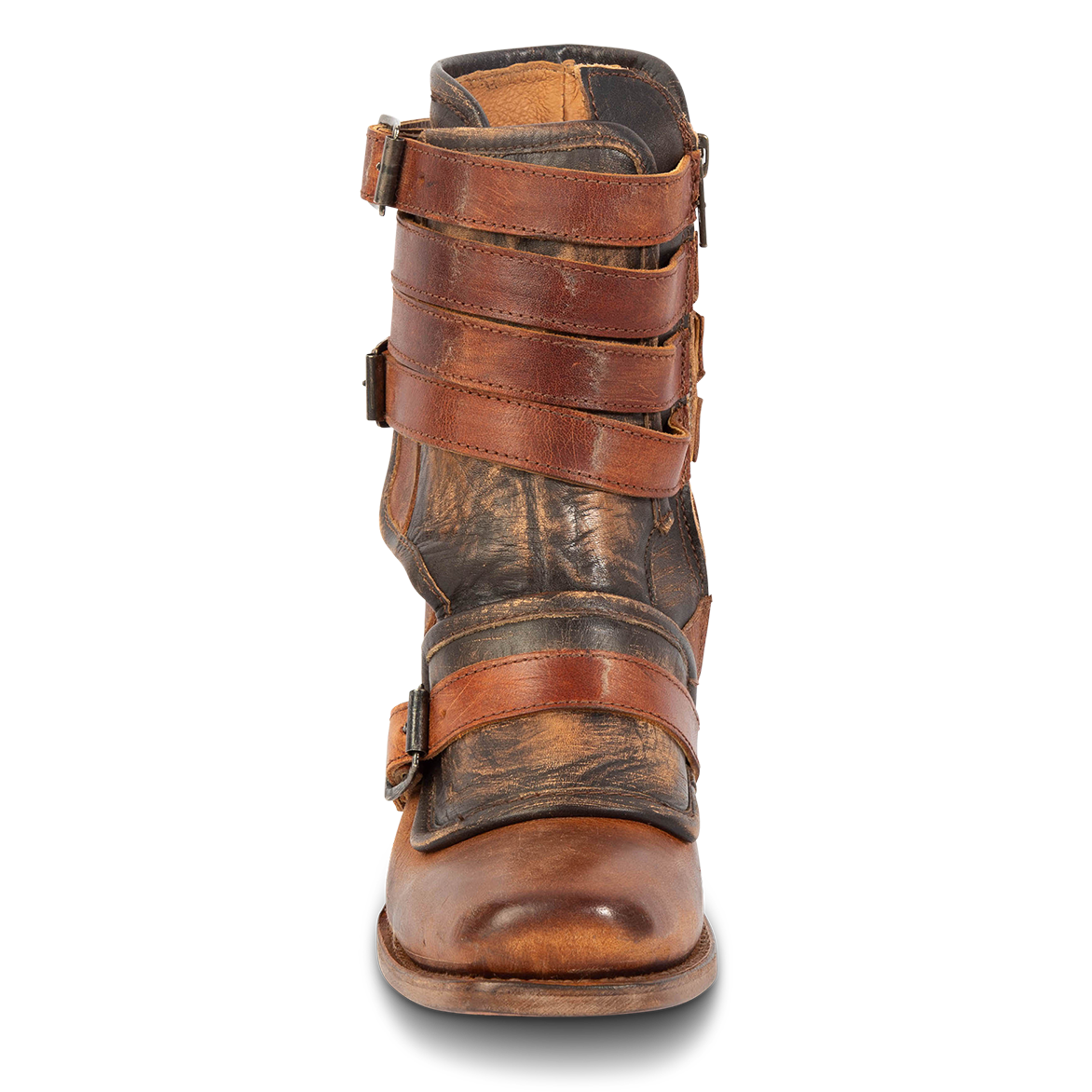 Front view showing FREEBIRD women's Darlin cognac leather bootie with leather straps and square toe