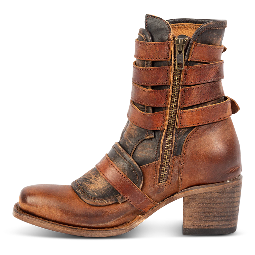 Inside view showing FREEBIRD women's Darlin cognac leather bootie with leather straps, inside zip closure and square toe