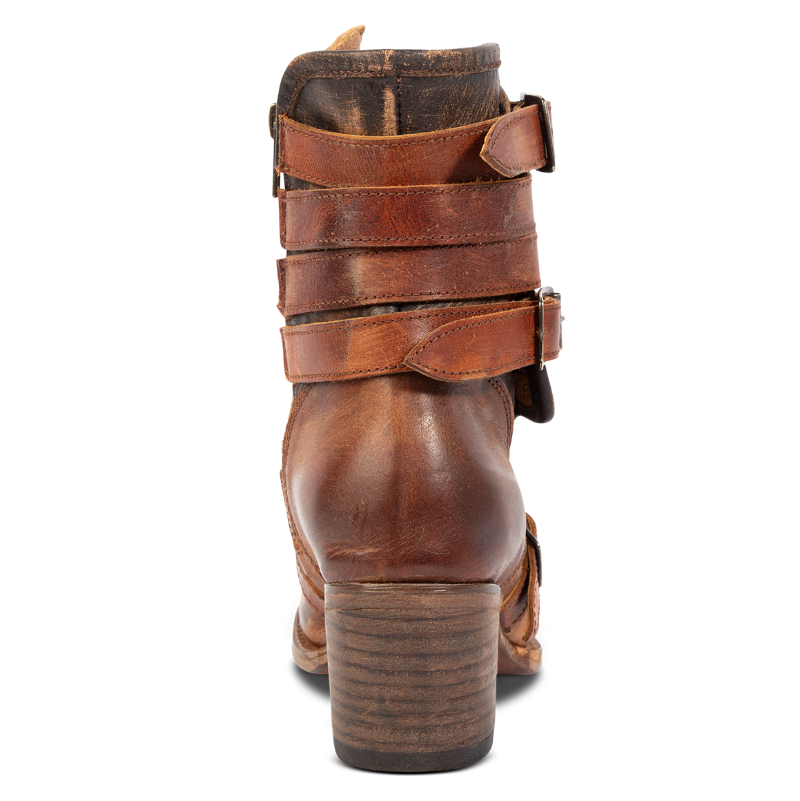 Back view showing block heel and leather straps on Freebird women's Darlin cognac leather bootie