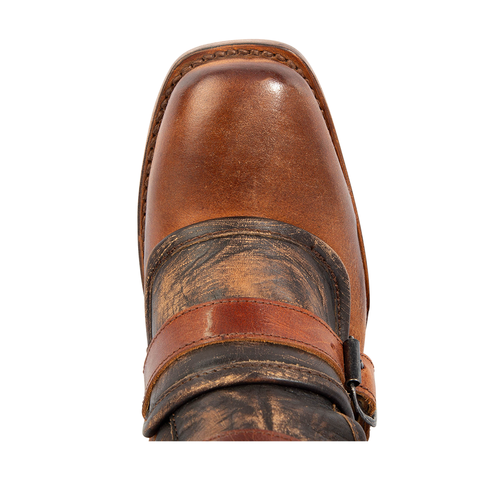 Top view showing square toe on FREEBIRD women's Darlin cognac leather bootie
