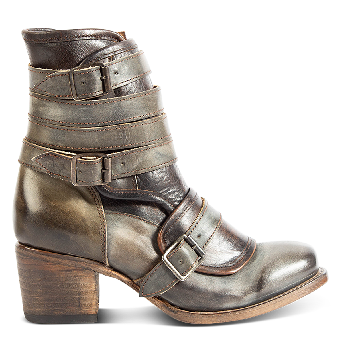 FREEBIRD women's Darlin olive leather bootie with leather straps, inside zip closure and square toe
