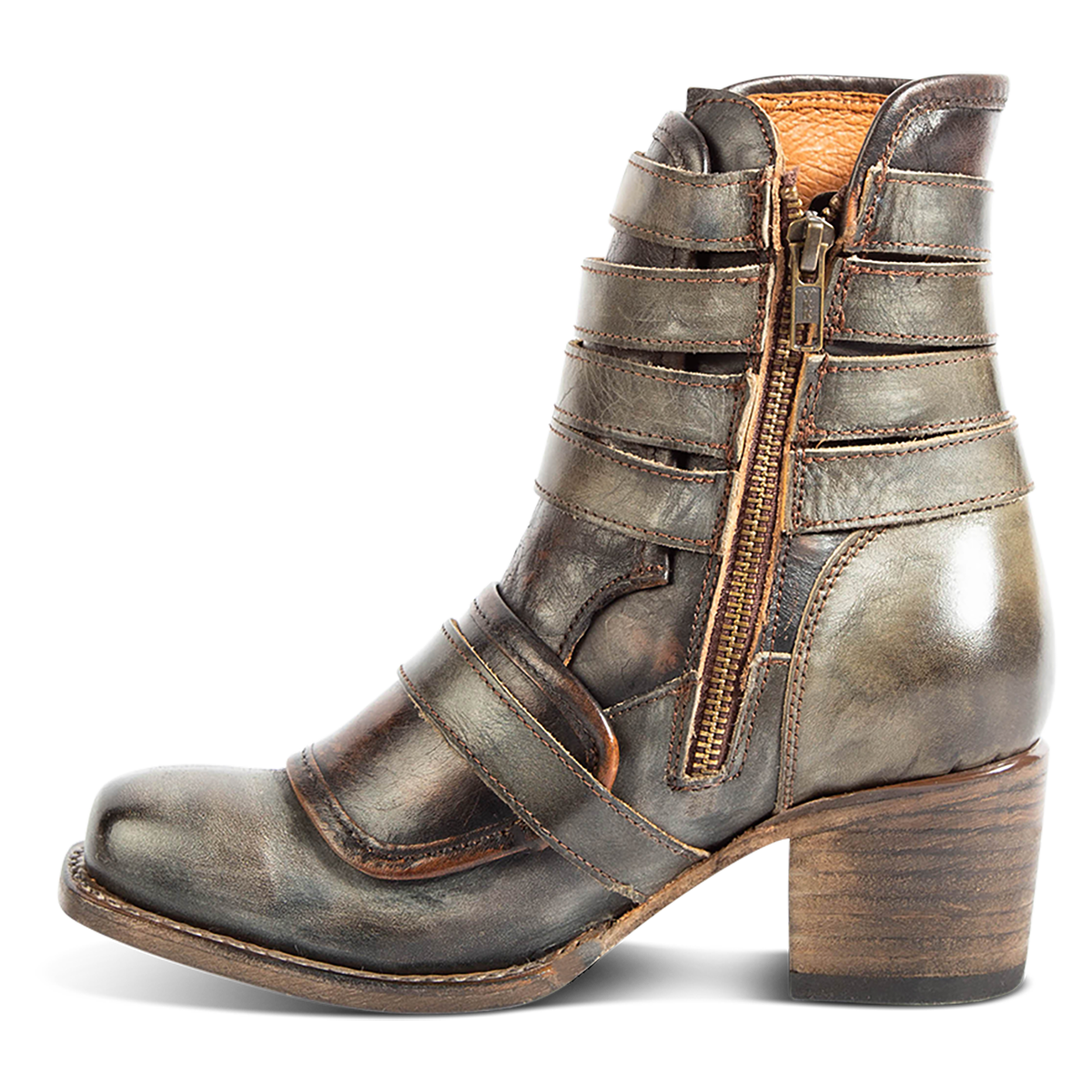 Inside view showing FREEBIRD women's Darlin olive leather bootie with leather straps, inside zip closure and square toe