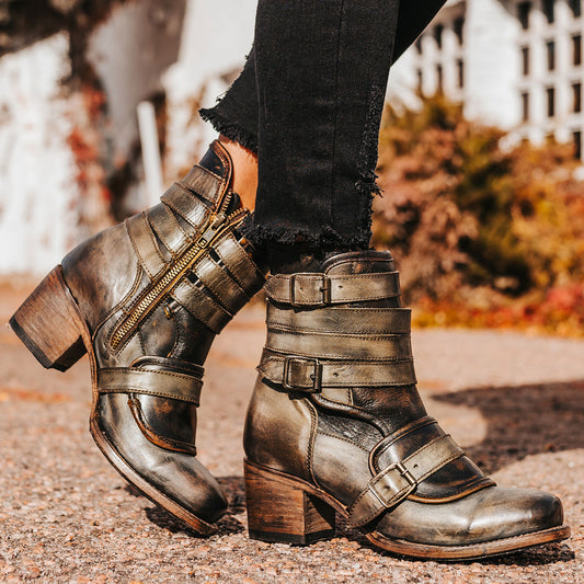 FREEBIRD women's Darlin olive leather bootie with leather straps, inside zip closure and square toe