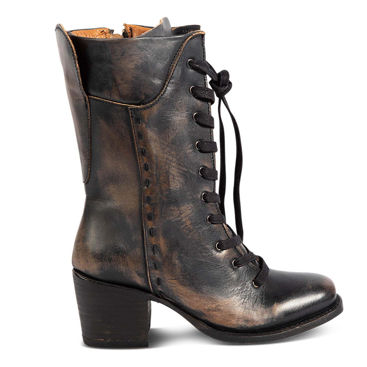 FREEBIRD women's Dart black leather boot with front tie lacing, whip stitch siding and stacked heel
