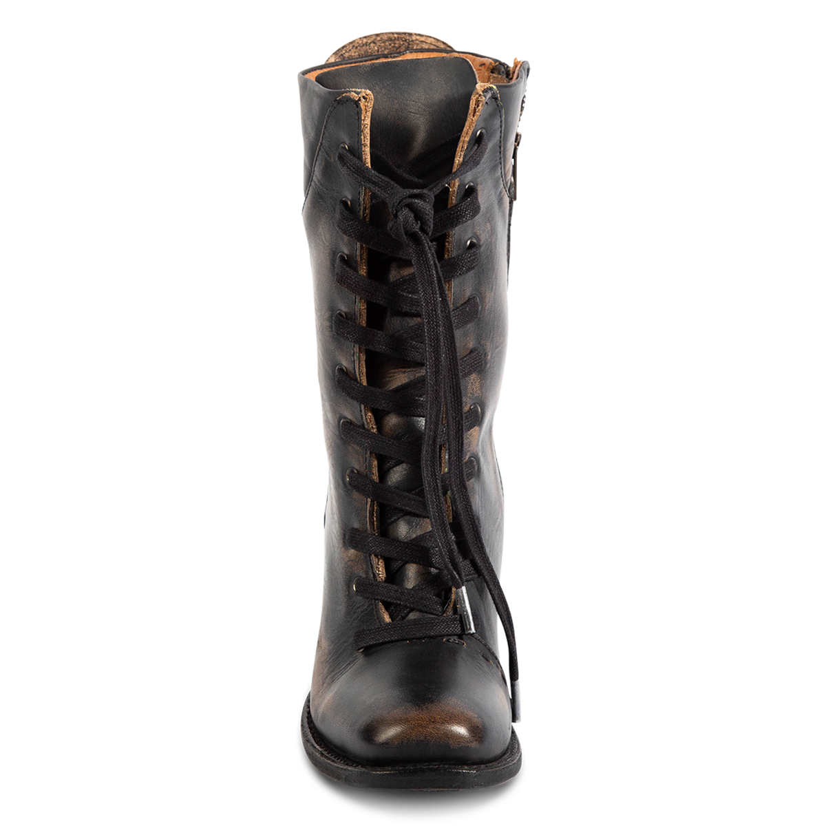 Front view showing front tie lacing and square toe on FREEBIRD women's Dart black leather boot