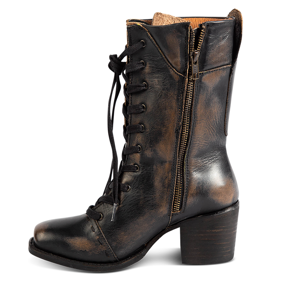 Inside view showing working brass zip closure, front tie lacing and stacked heel on FREEBIRD women's Dart black leather boot