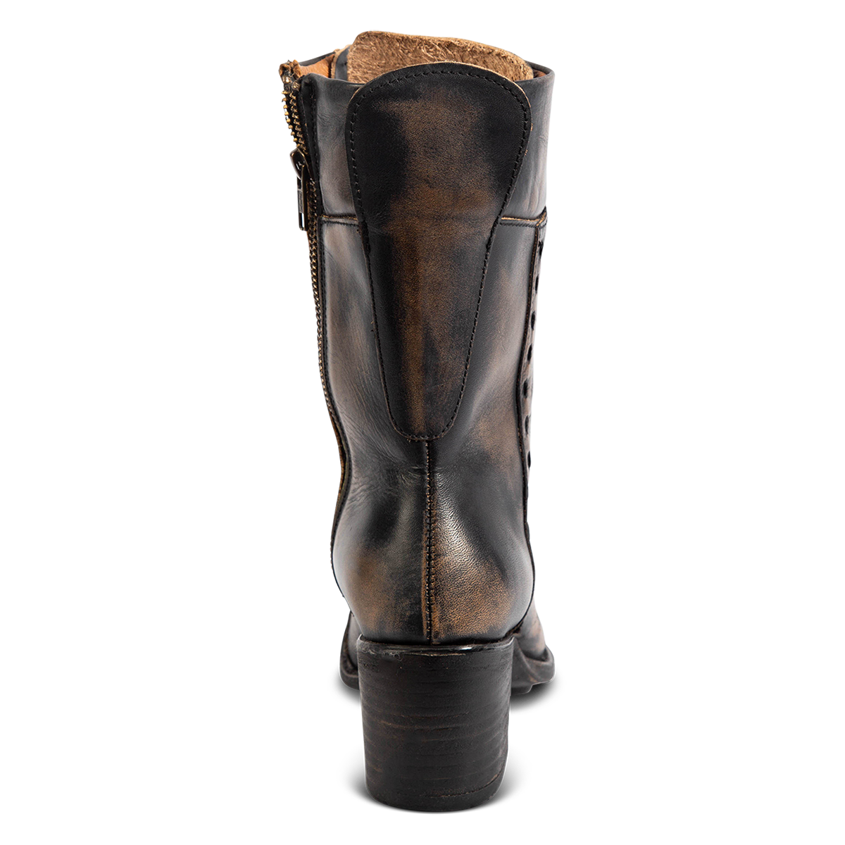 Back view showing stacked heel and working brass inside closure on FREEBIRD women's Dart black leather boot